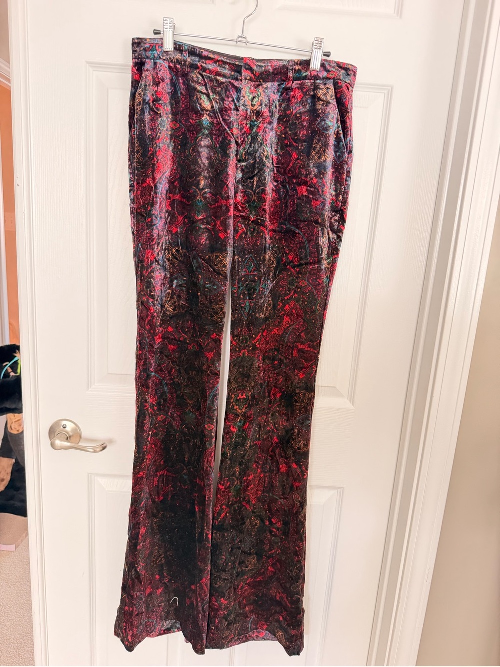 L'AGENCE Velvet Paisley-Print Wide Leg Trousers in Deep Red with Black